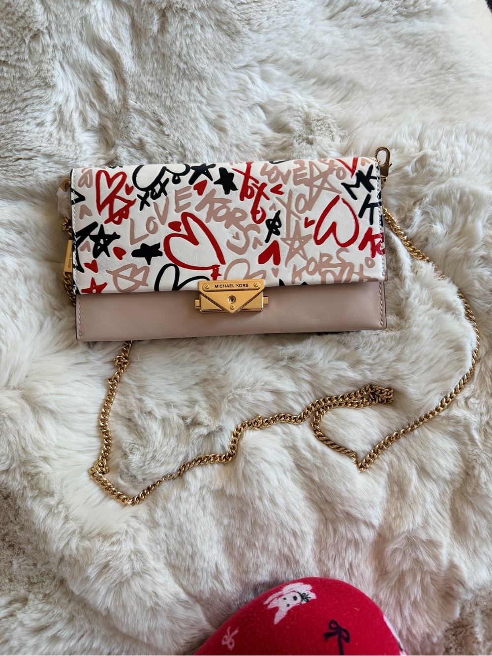 Michael Kors Pink and White Graffiti-Print Leather Crossbody with Gold Hardware